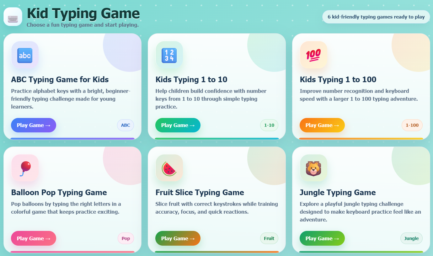 Kids typing game with colorful falling letters and balloon pop keyboard learning