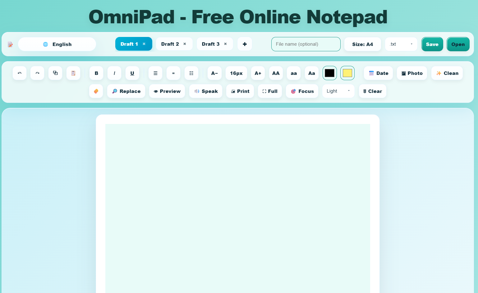 OmniPad free online notepad with auto-save, word count and distraction-free writing