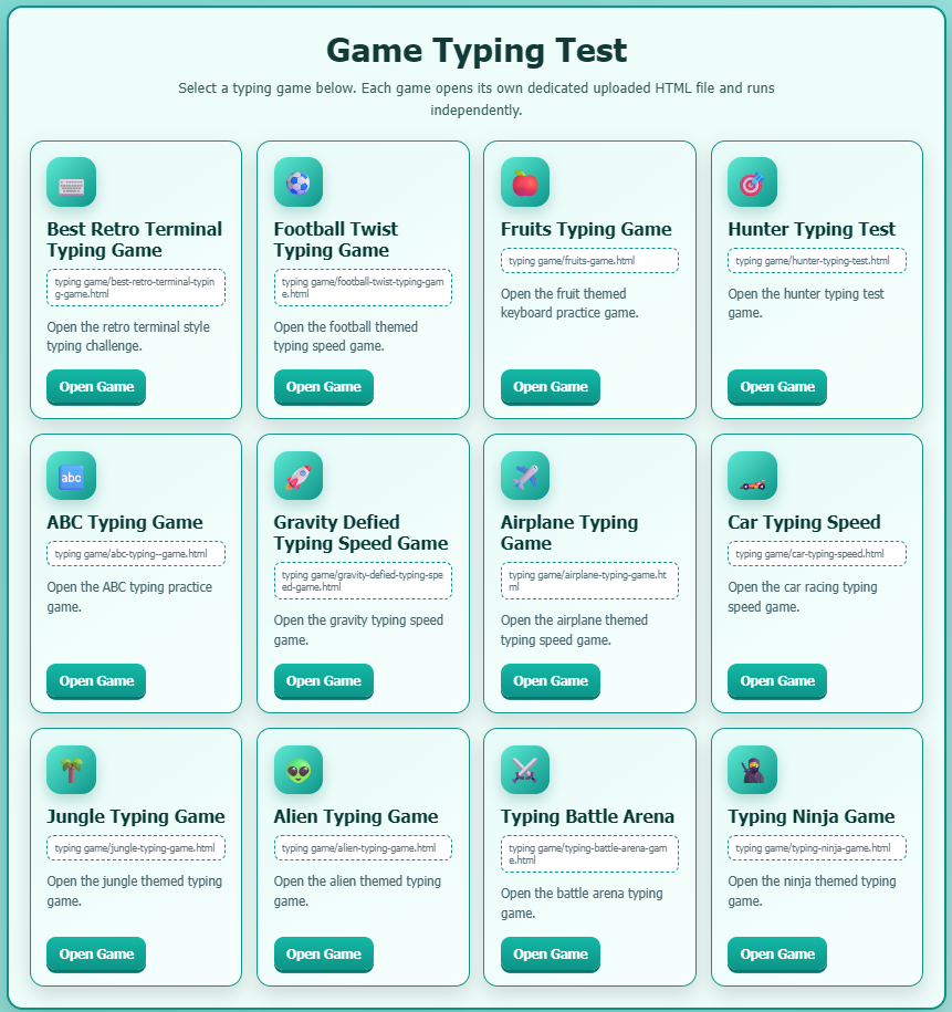 Free online typing games with race mode, arcade challenges and leaderboards